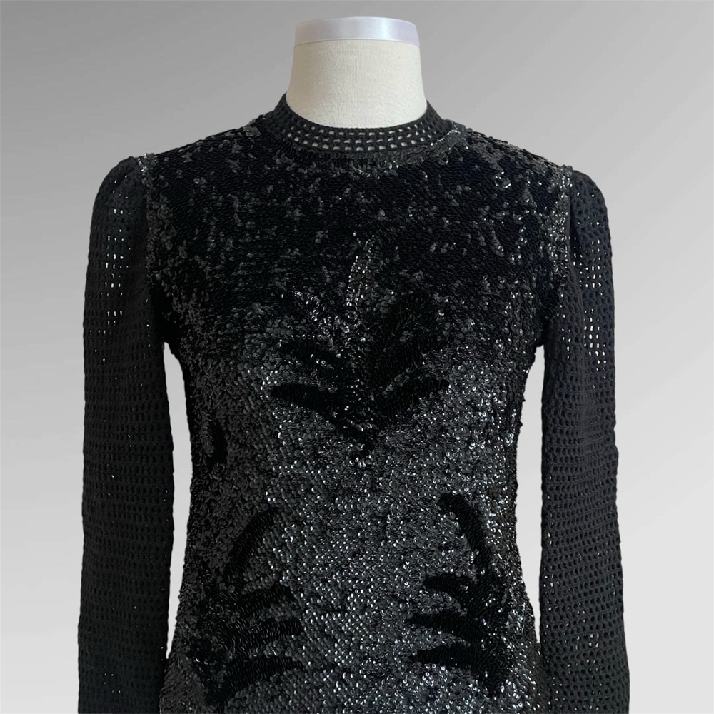Vintage 1960s Black Sequins & Crochet Wool Knit Palm Design Sweater Evening Top